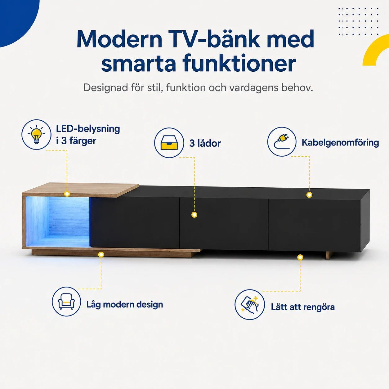 TV-bänk för vardagsrum med LED-belysning och 3 lådor