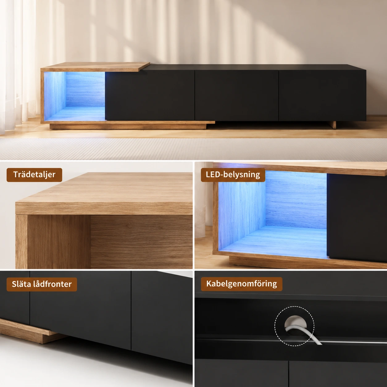 TV-bänk för vardagsrum med LED-belysning och 3 lådor