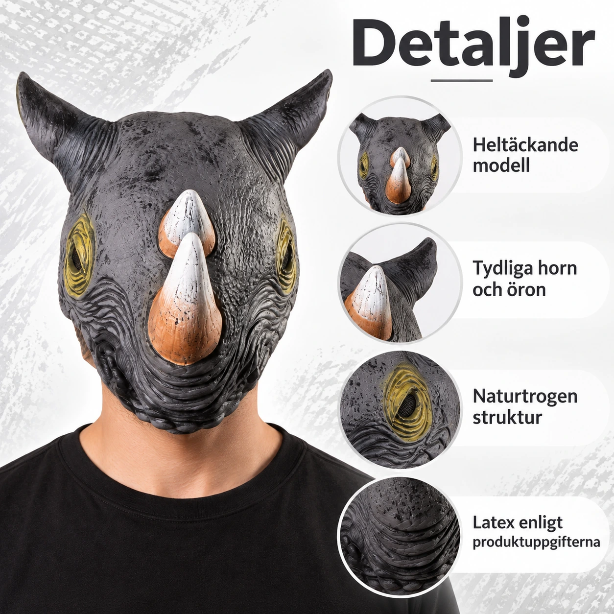 Heldekkende neshornmaske i lateks