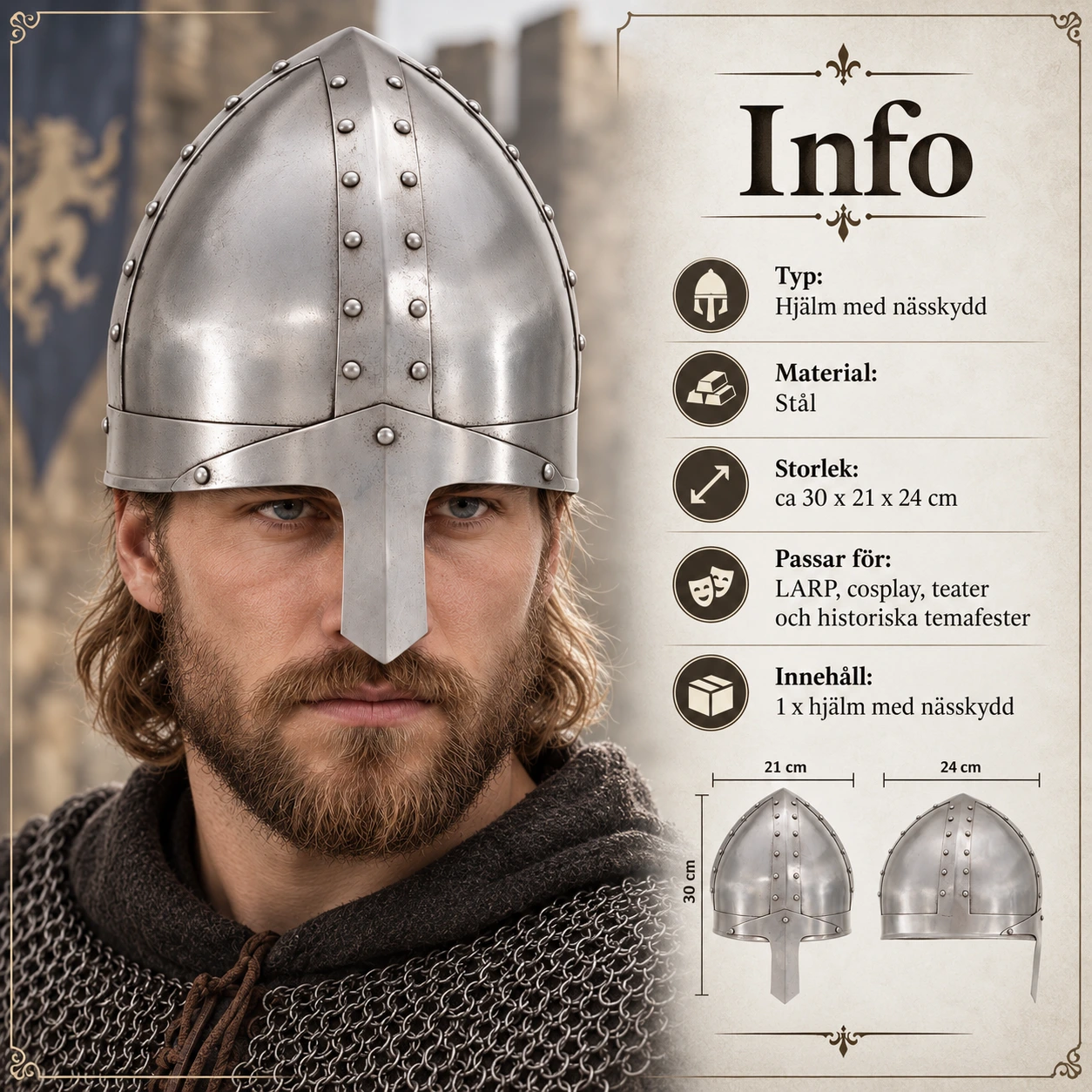 Teräskypärä nenäsuojalla larppiin ja cosplayhin