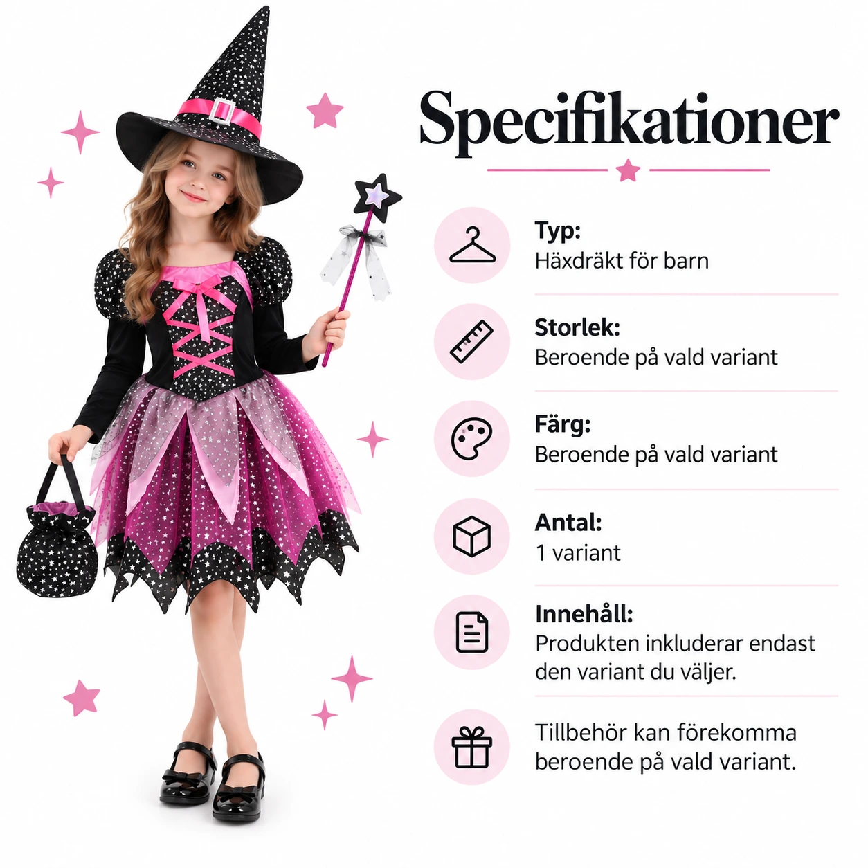 Häxdräkt barn med klänning, hatt och trollstav
