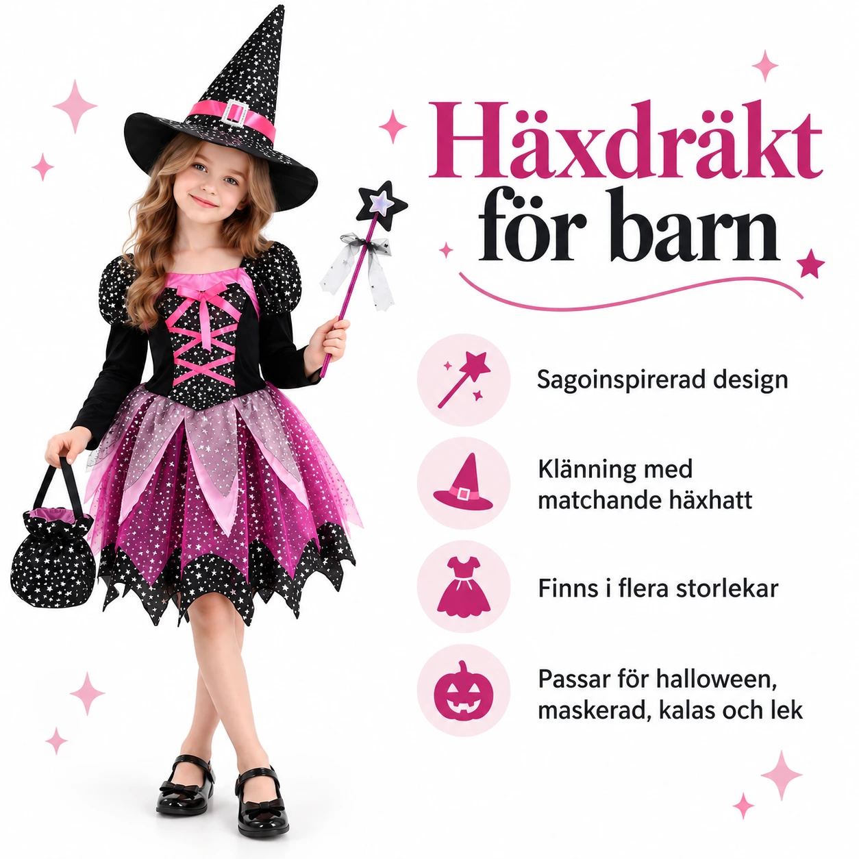 Häxdräkt barn med klänning, hatt och trollstav