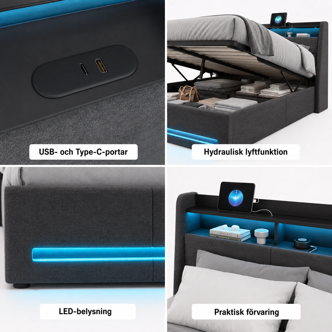 Sängram med förvaring och LED-belysning