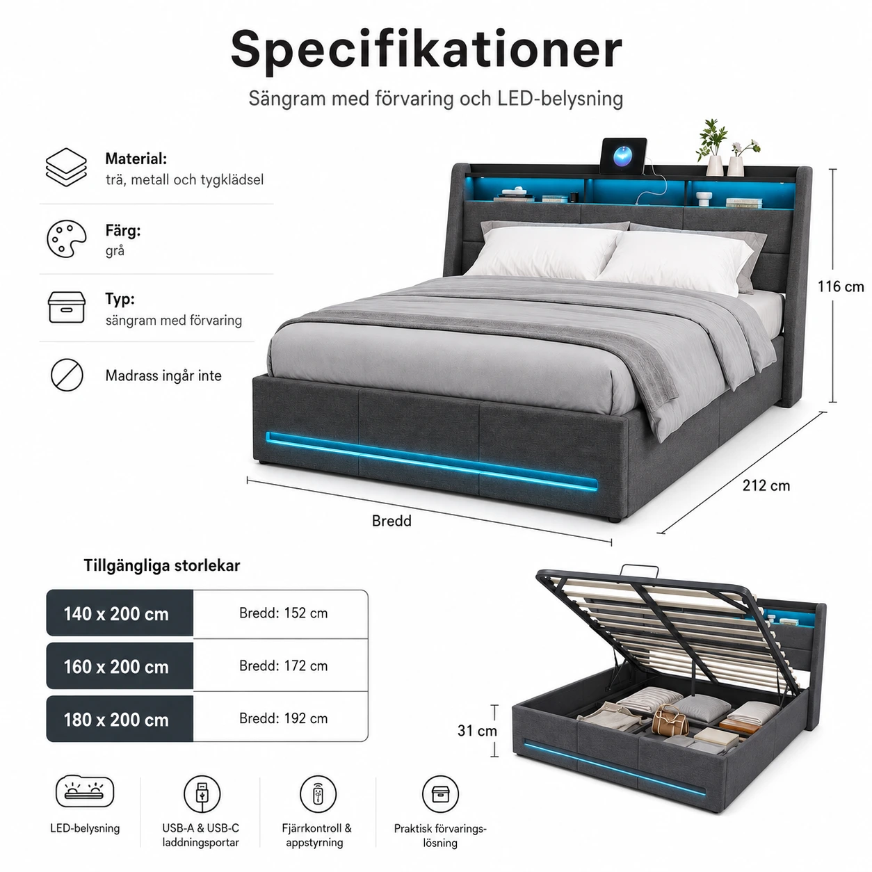 Sängram med förvaring och LED-belysning