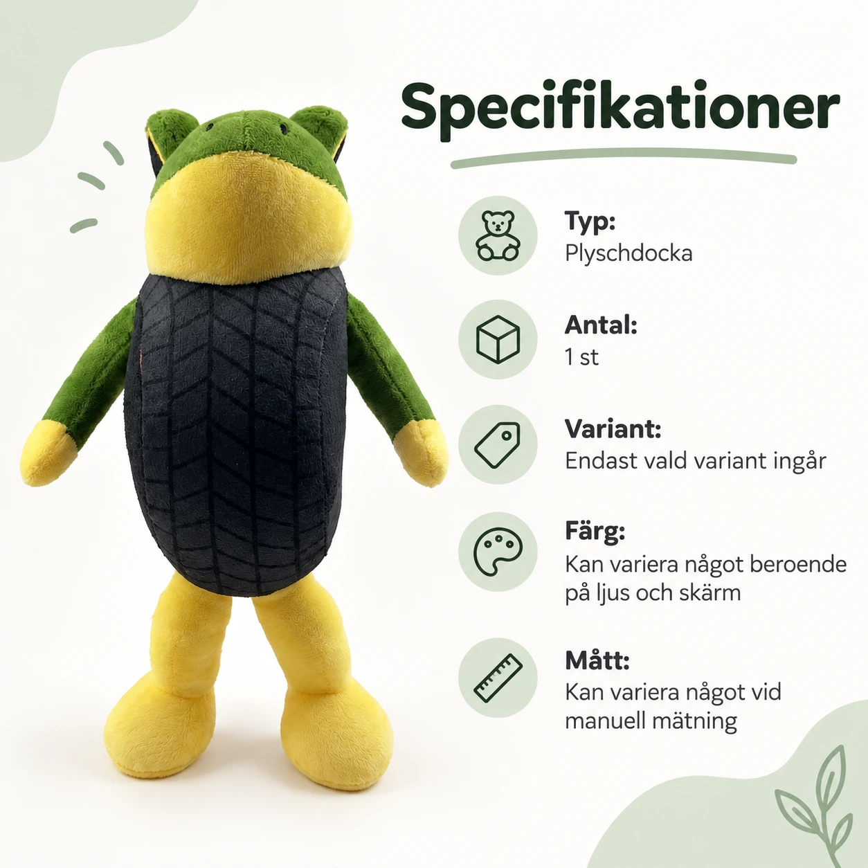 Plyschdocka med grodfigur i grön, gul och svart