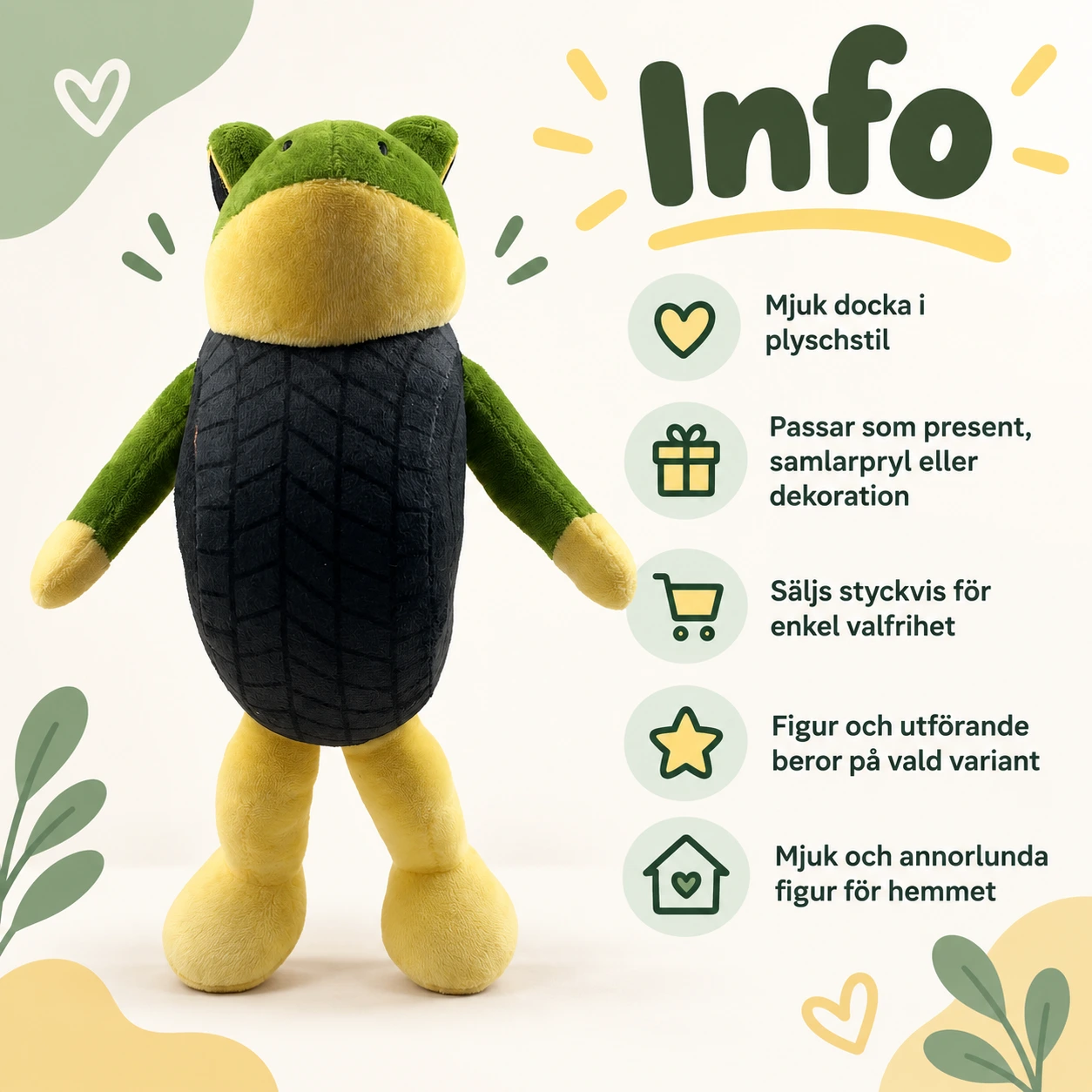 Plyschdocka med grodfigur i grön, gul och svart