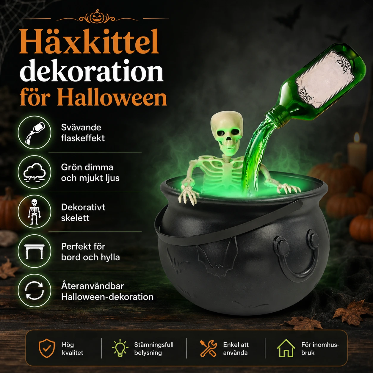 Häxkittel dekoration för Halloween med dimma och ljus