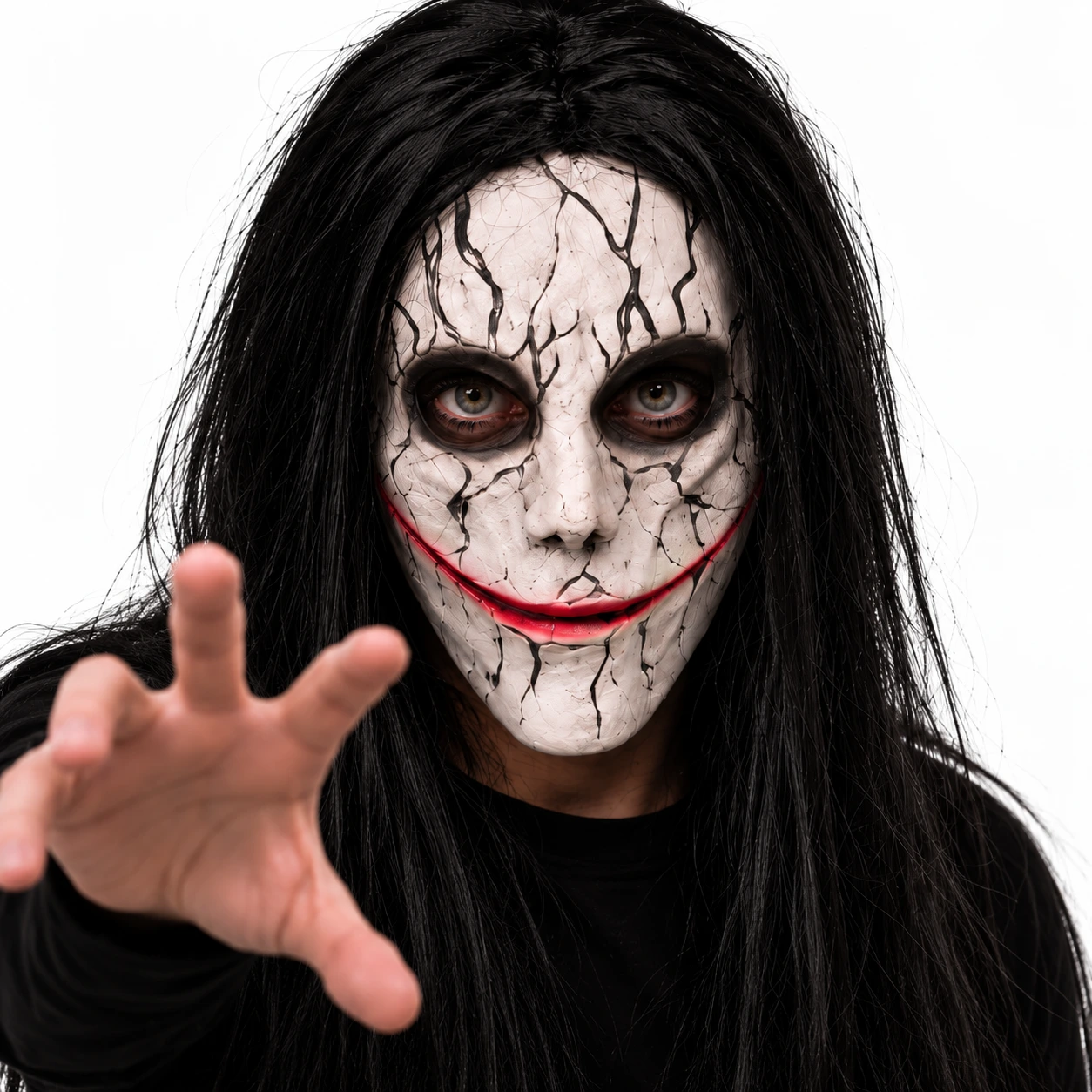 Halloweenmask med långt svart hår och mesh för ögonen
