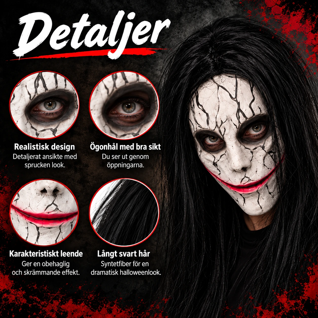 Halloweenmask med långt svart hår och mesh för ögonen
