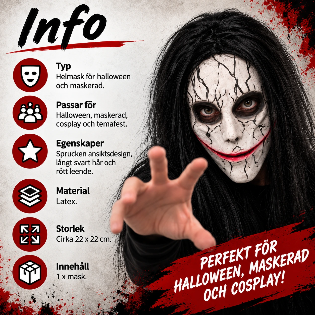 Halloweenmask med långt svart hår och mesh för ögonen