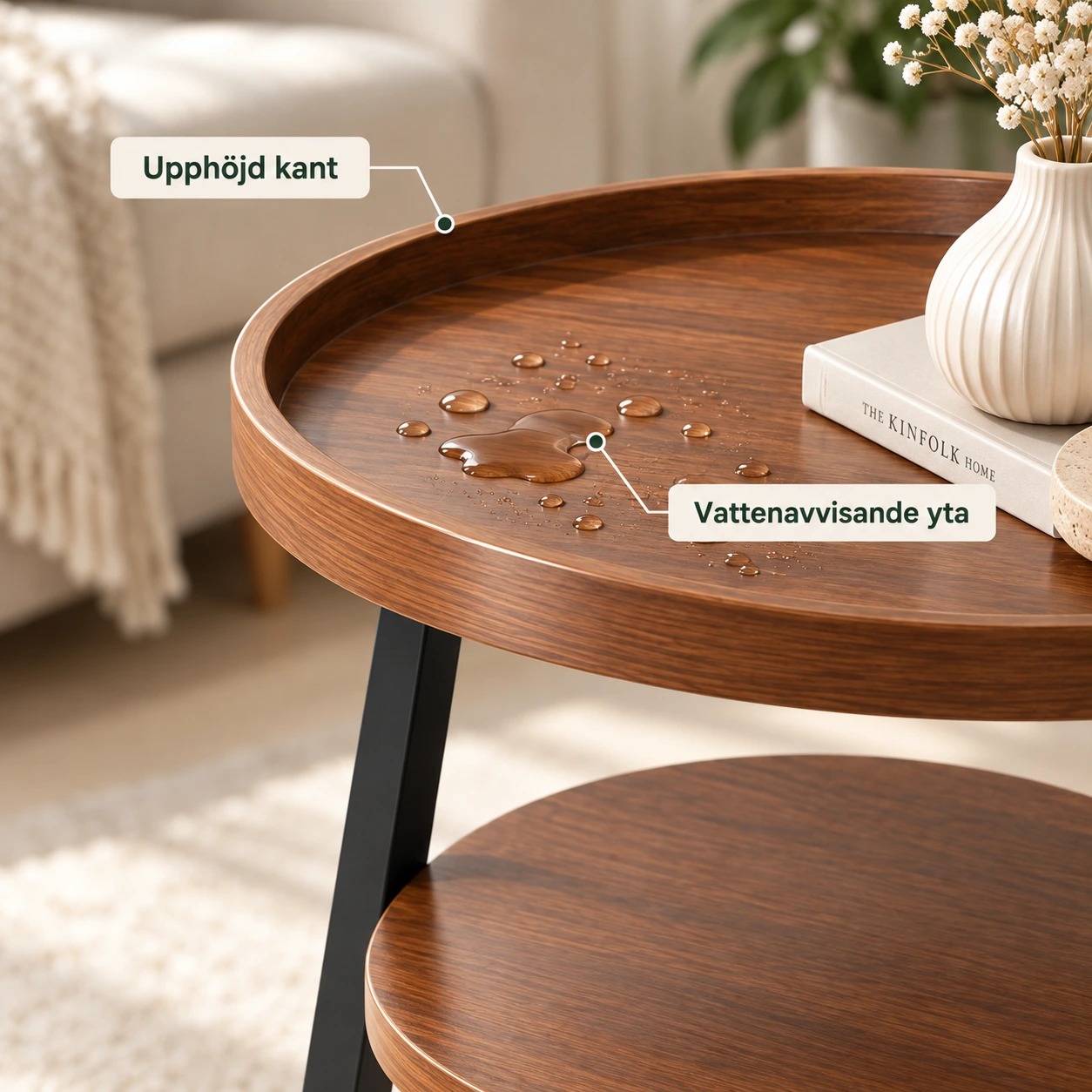 Runt sidobord med 3 hyllplan för vardagsrum och sovrum
