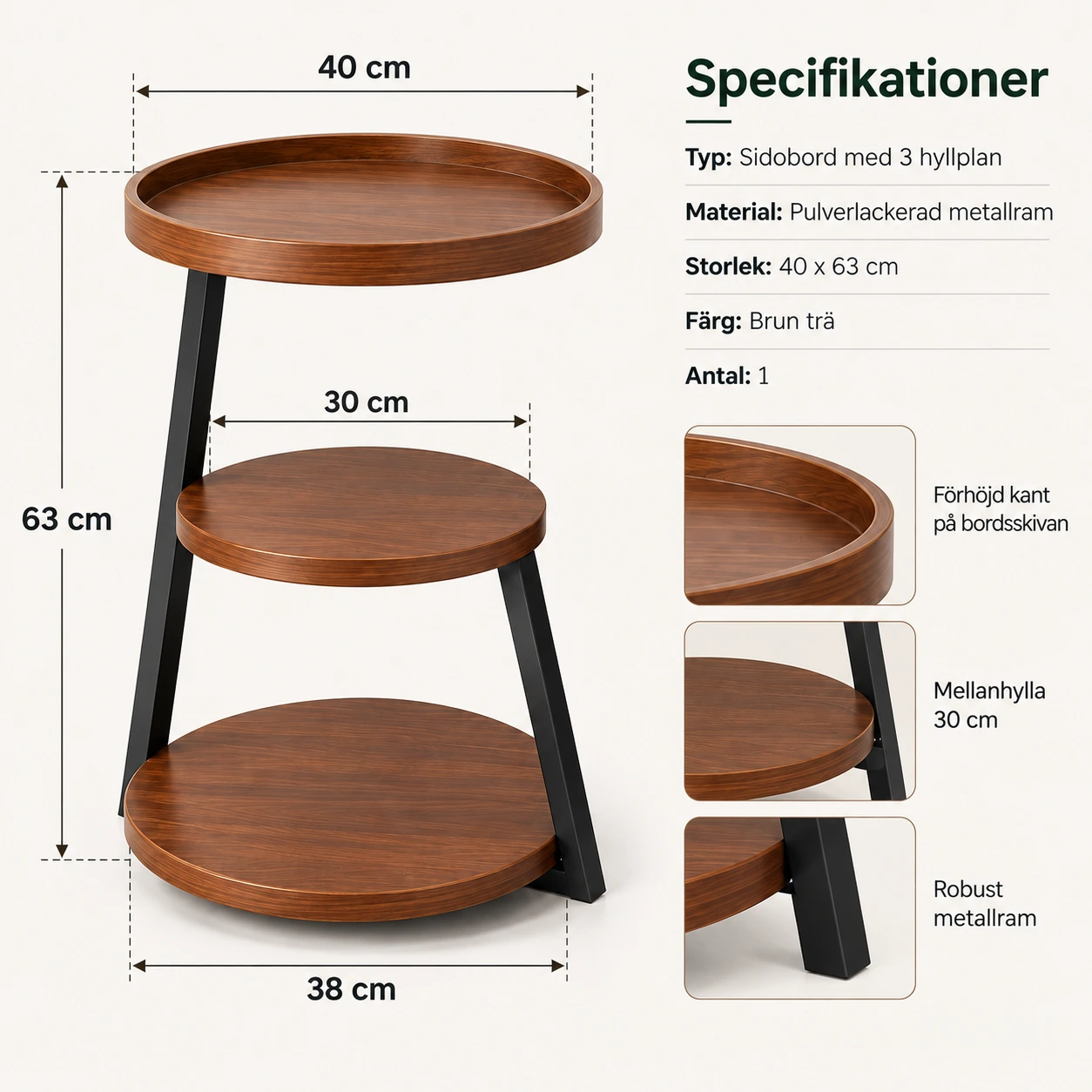 Runt sidobord med 3 hyllplan för vardagsrum och sovrum