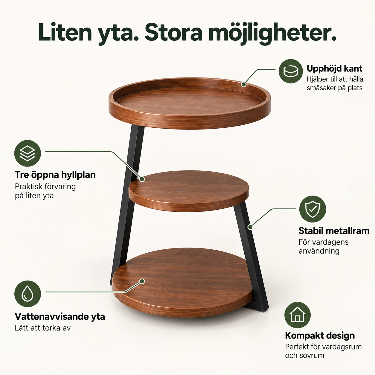 Runt sidobord med 3 hyllplan för vardagsrum och sovrum