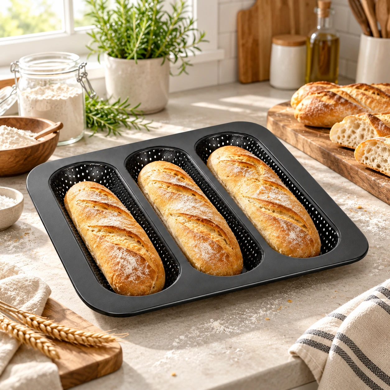 Baguetteplåt med 3 fack och non-stick, 28 x 28 cm