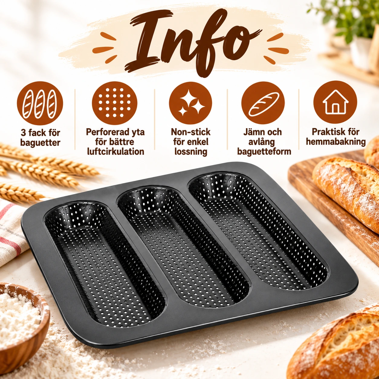 Baguetteplåt med 3 fack och non-stick, 28 x 28 cm