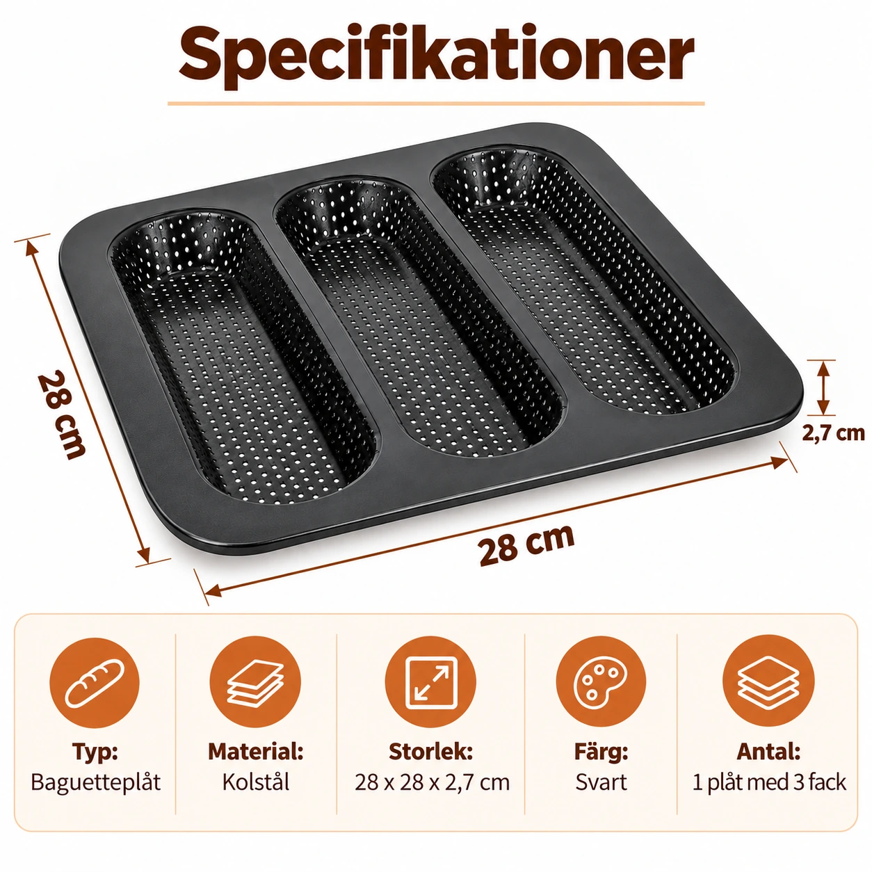 Baguetteplåt med 3 fack och non-stick, 28 x 28 cm