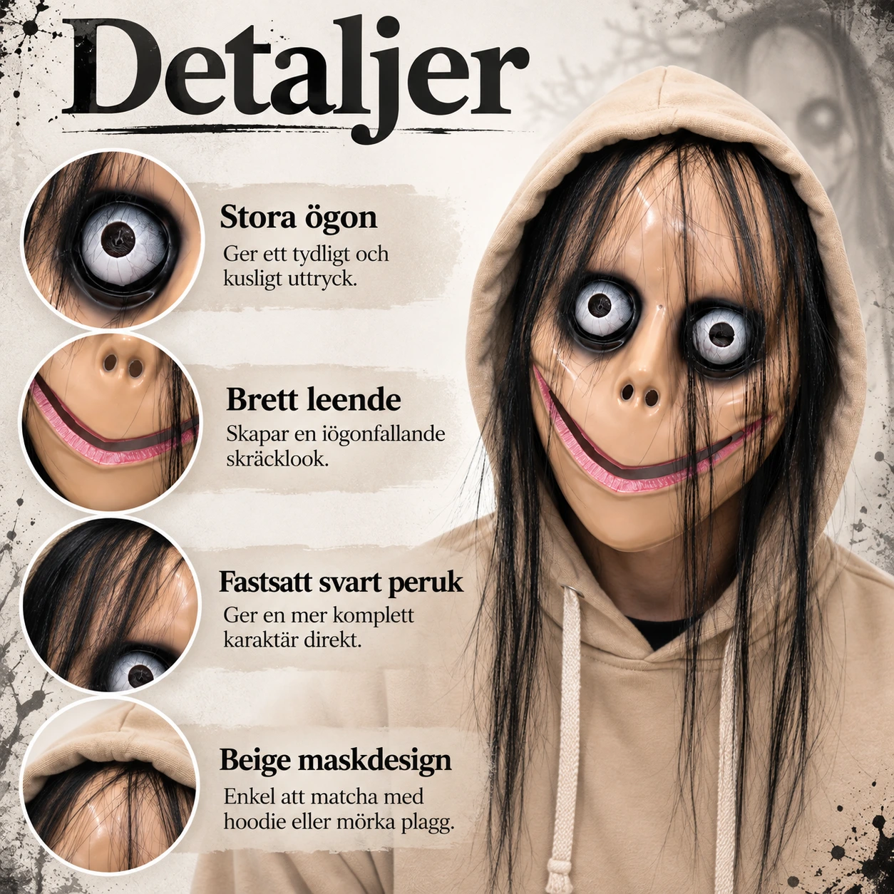 Mask clown med peruk, beige