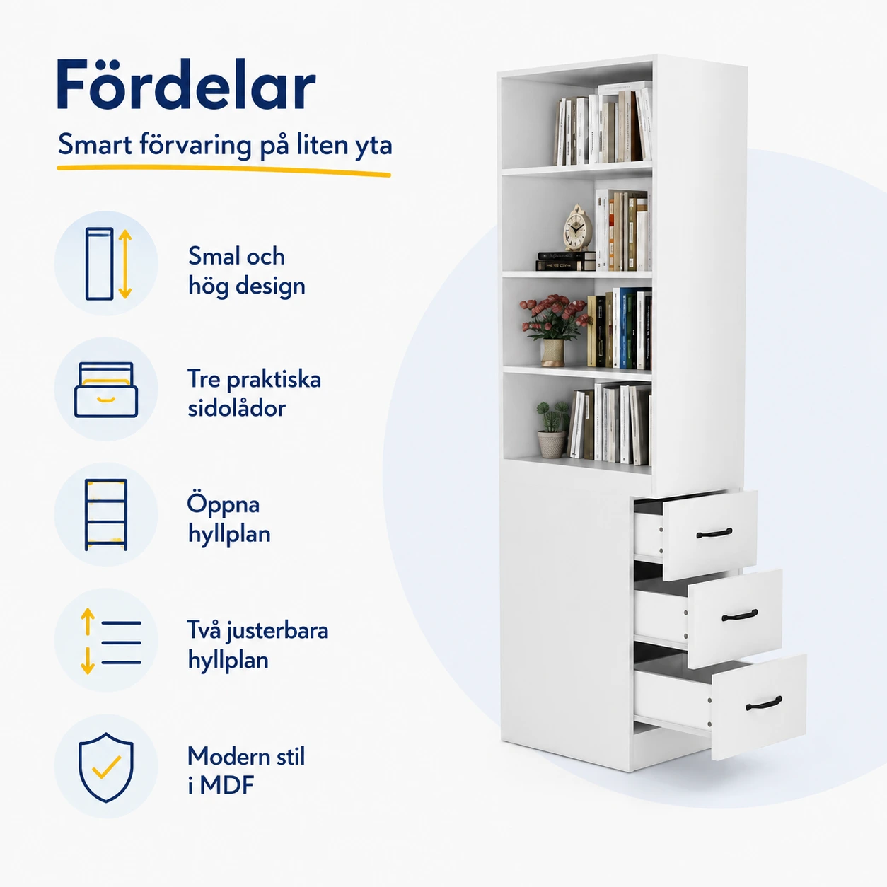 Smal bokhylla med sidolådor och justerbara hyllor