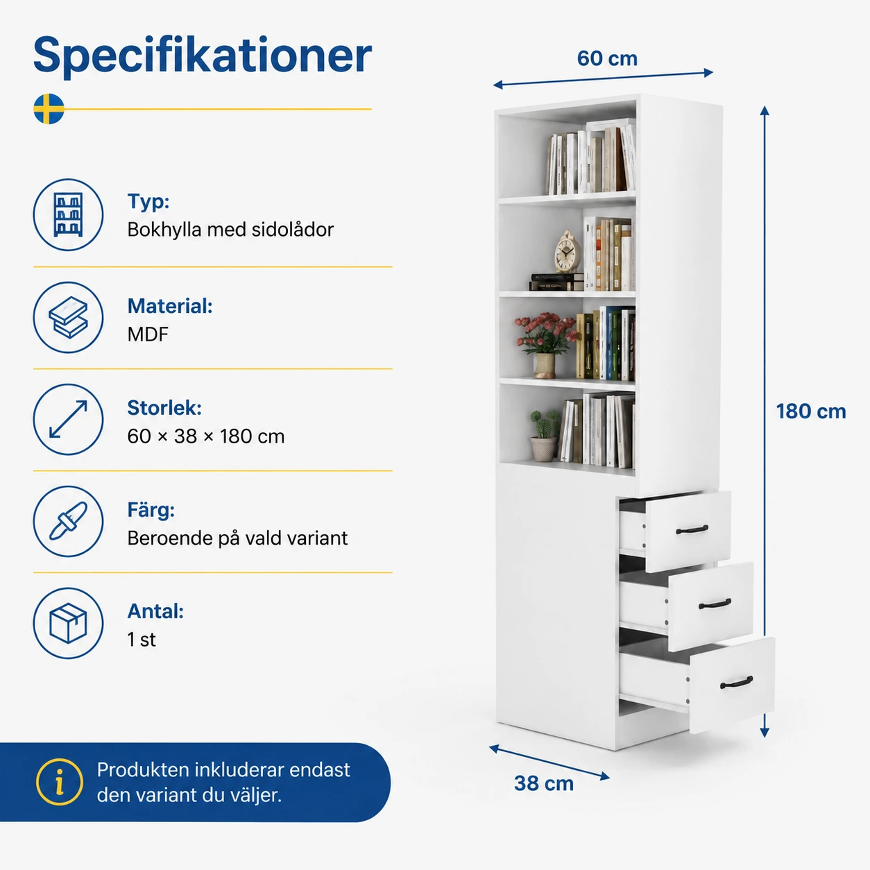 Smal bokhylla med sidolådor och justerbara hyllor