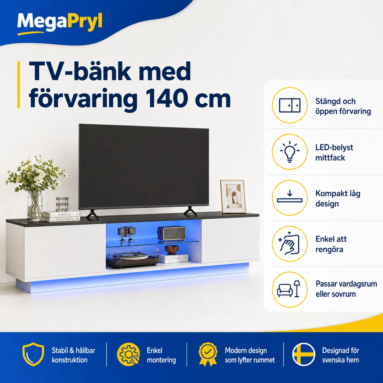 TV-bänk med förvaring 140 cm i vit och svart