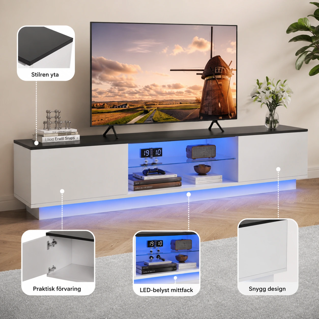 TV-bänk med förvaring 140 cm i vit och svart