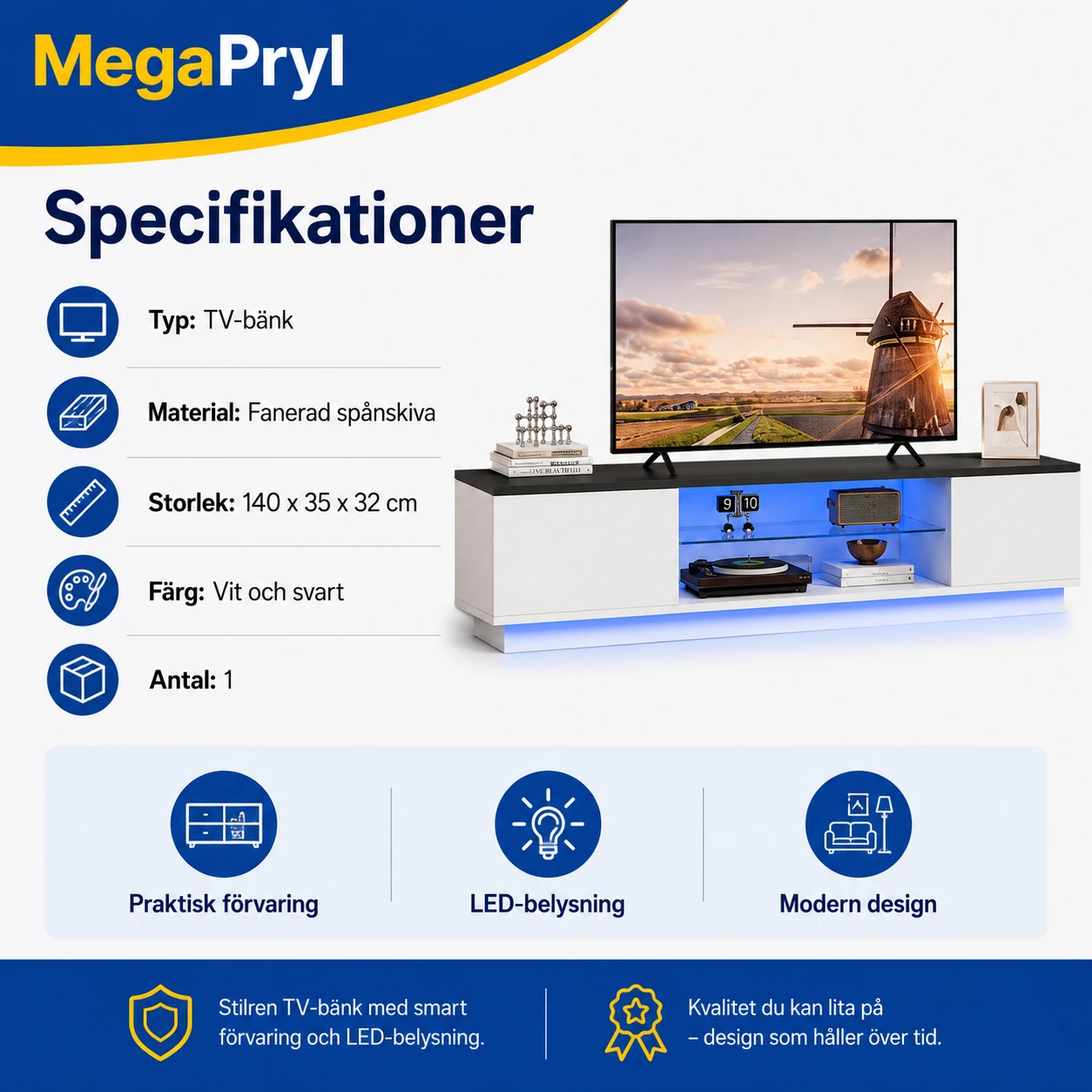 TV-bänk med förvaring 140 cm i vit och svart