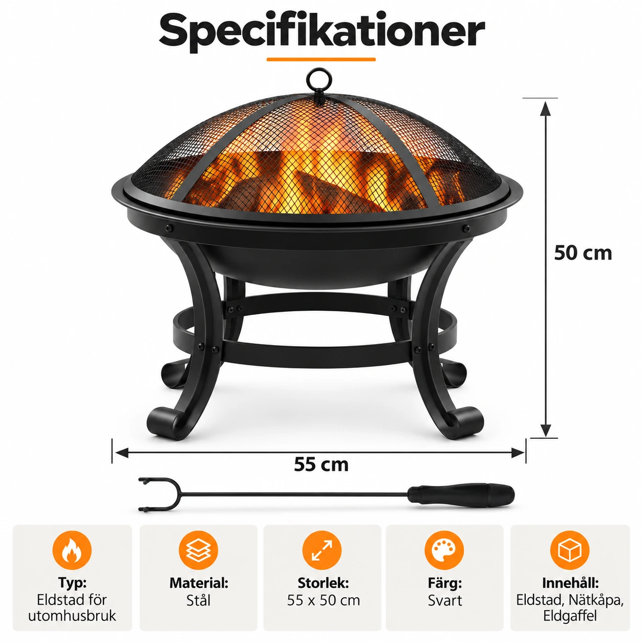 Eldstad för trädgård med gnistskydd och eldgaffel