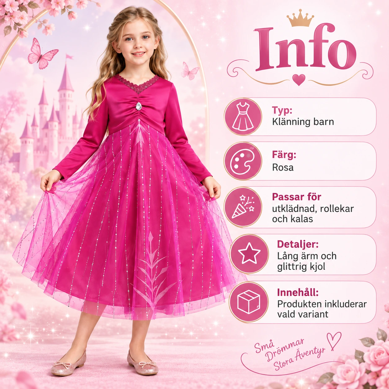 Lasten lumikuningatarmekko, pinkki kimalteleva helma