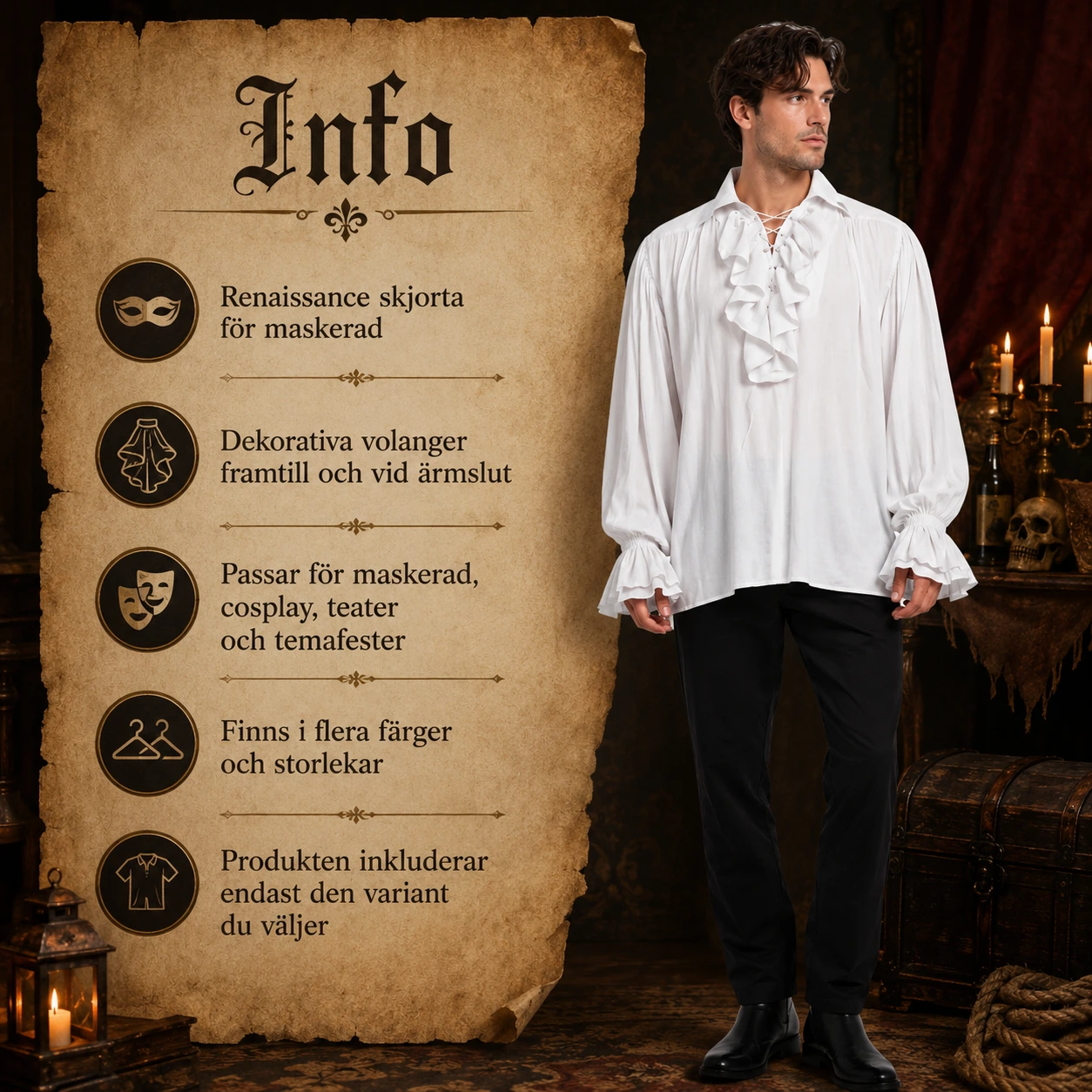 Renaissance skjorta för maskerad med volanger