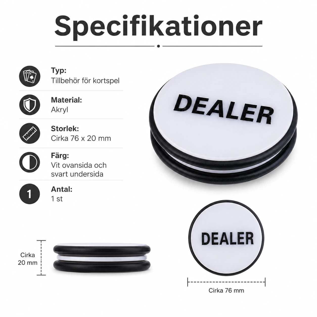 Dealer button för poker och kortspel i akryl