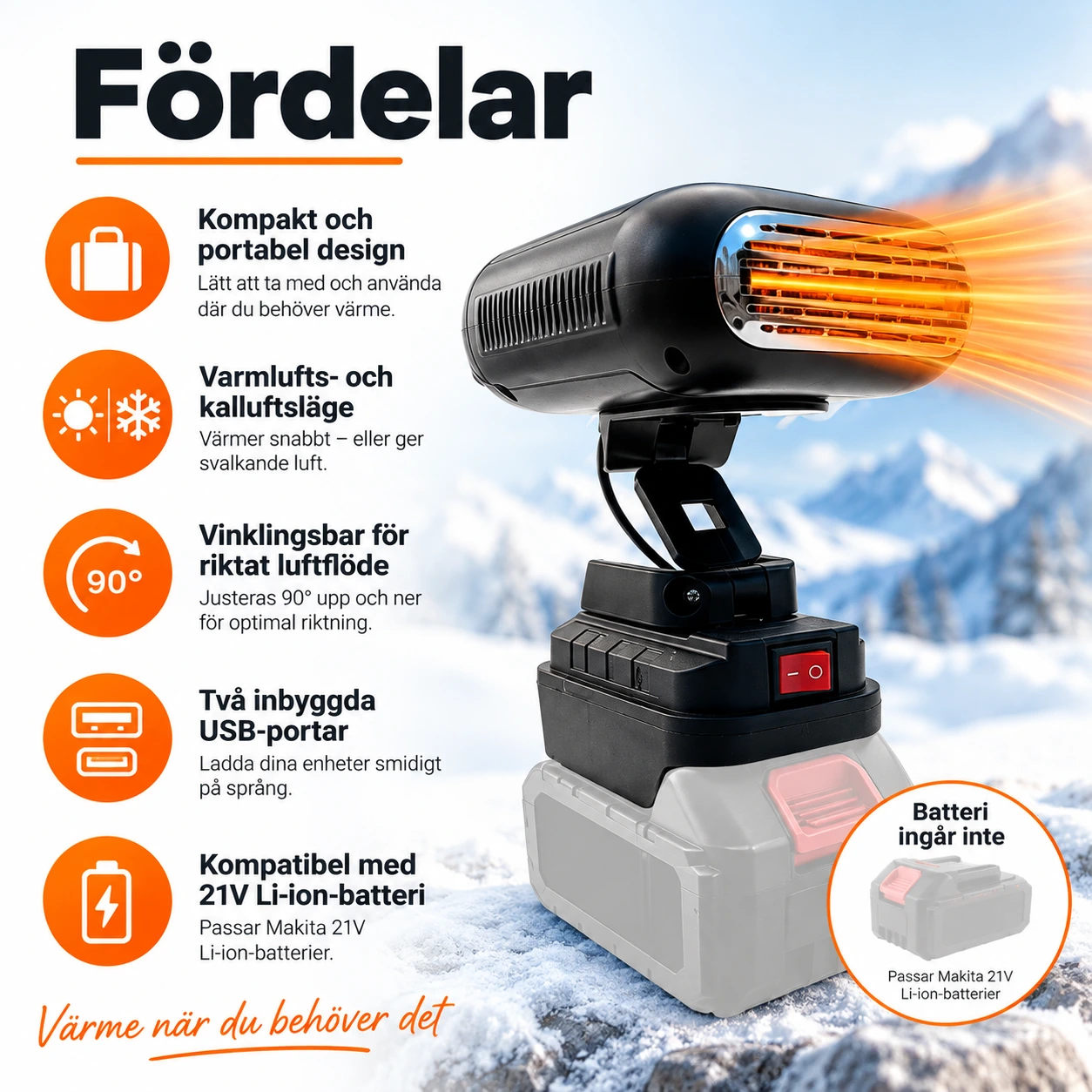 Batteridriven värmefläkt kompatibel med 21V Li-ion-batteri
