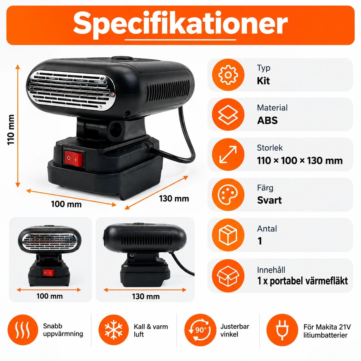 Batteridriven värmefläkt kompatibel med 21V Li-ion-batteri