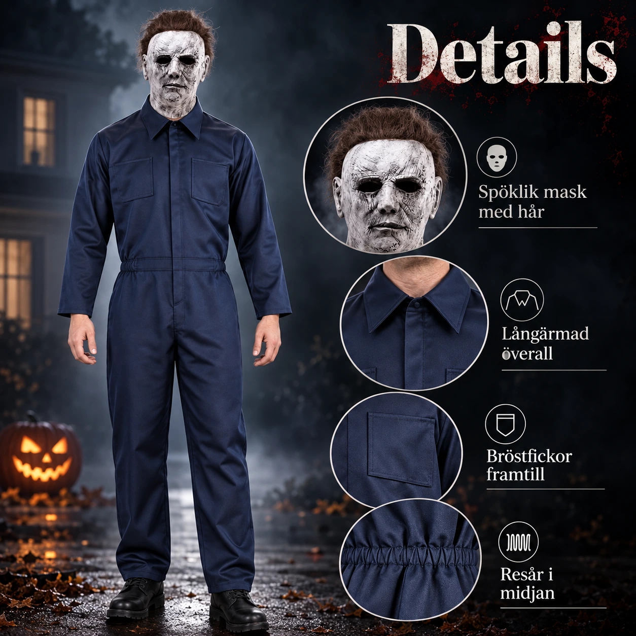 Halloweenkostym med mask och overall för vuxna