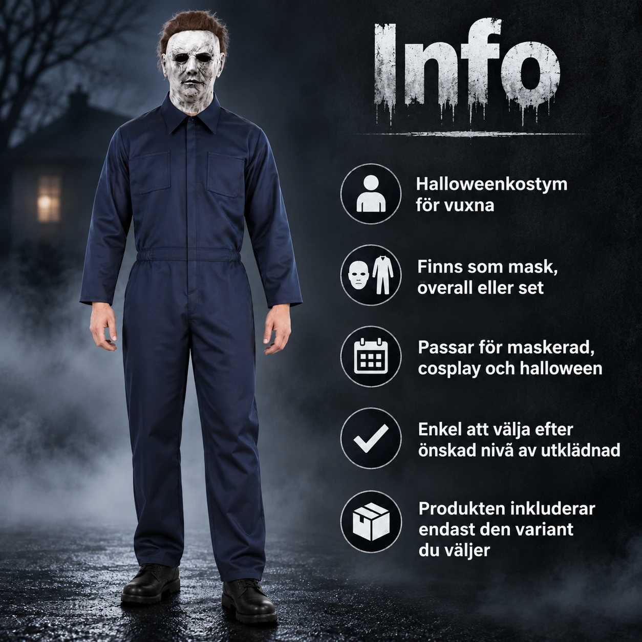 Halloweenkostym med mask och overall för vuxna