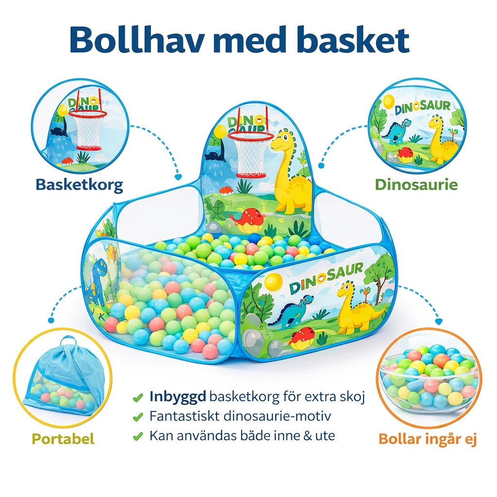 Bollhav med basket – lekpool för barn i dinosaurie-design
