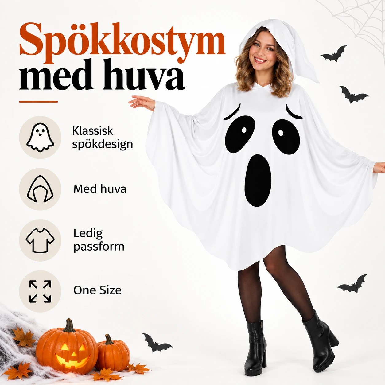 Spökkostym för halloween med huva och one size