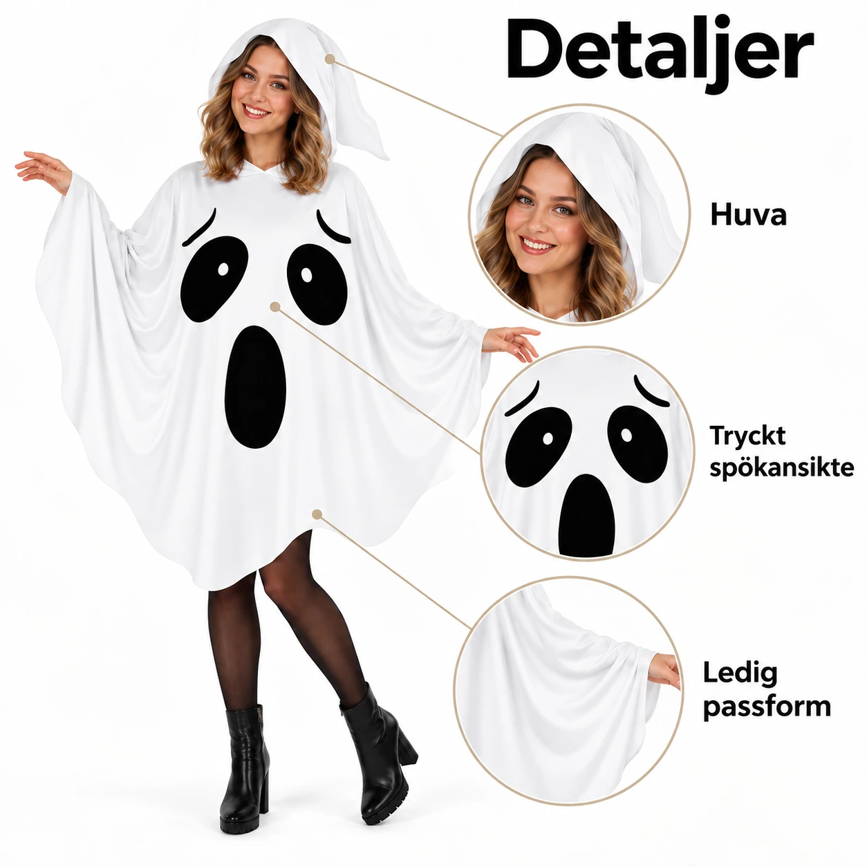 Spökkostym för halloween med huva och one size