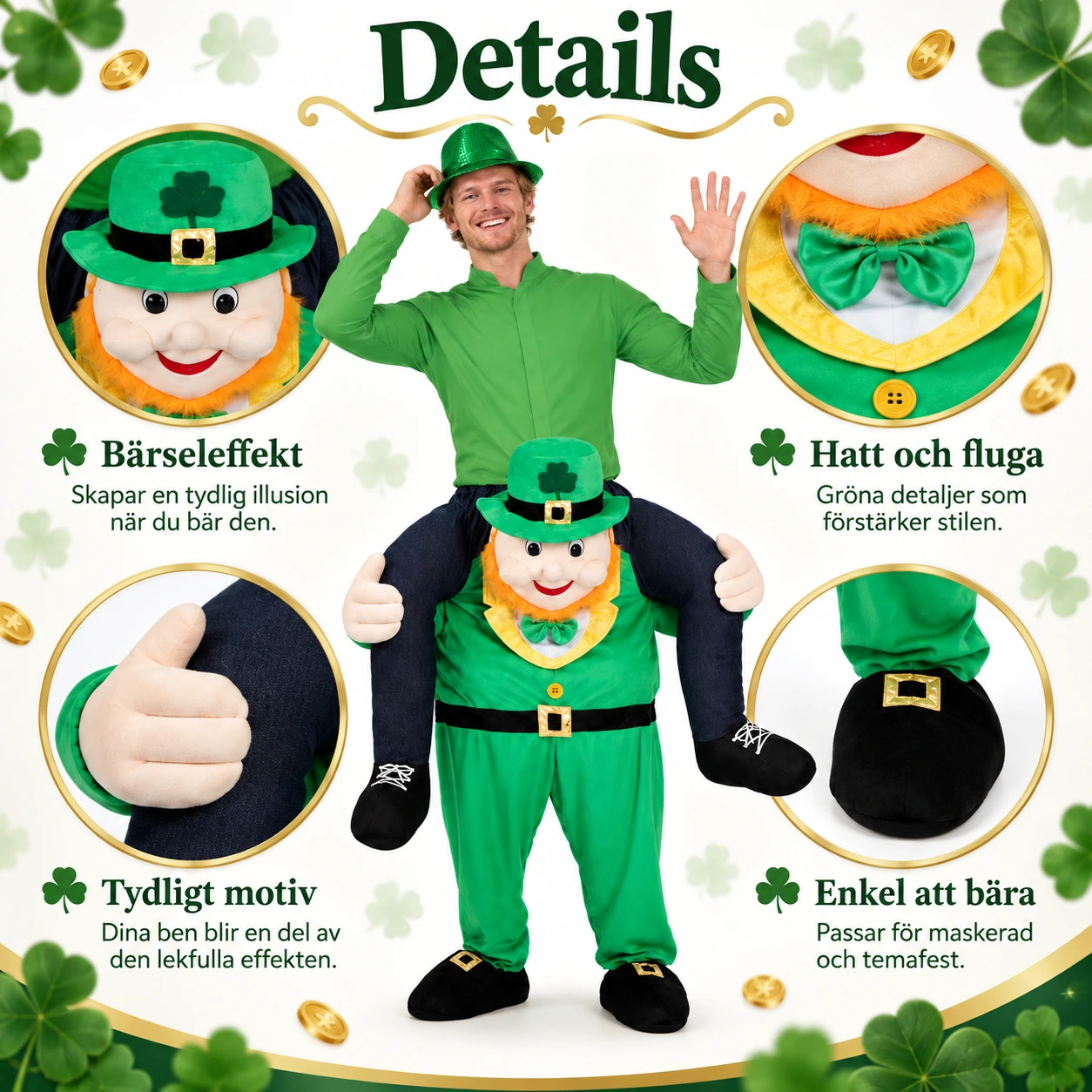 Vihreä leprechaun-naamiaisasu kantamisilluusiolla