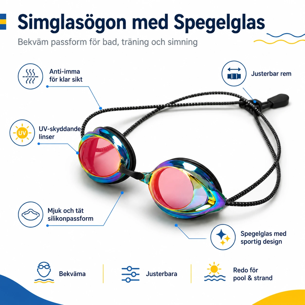 Simglasögon med Spegelglas – Justerbar Rem & Anti-Imma