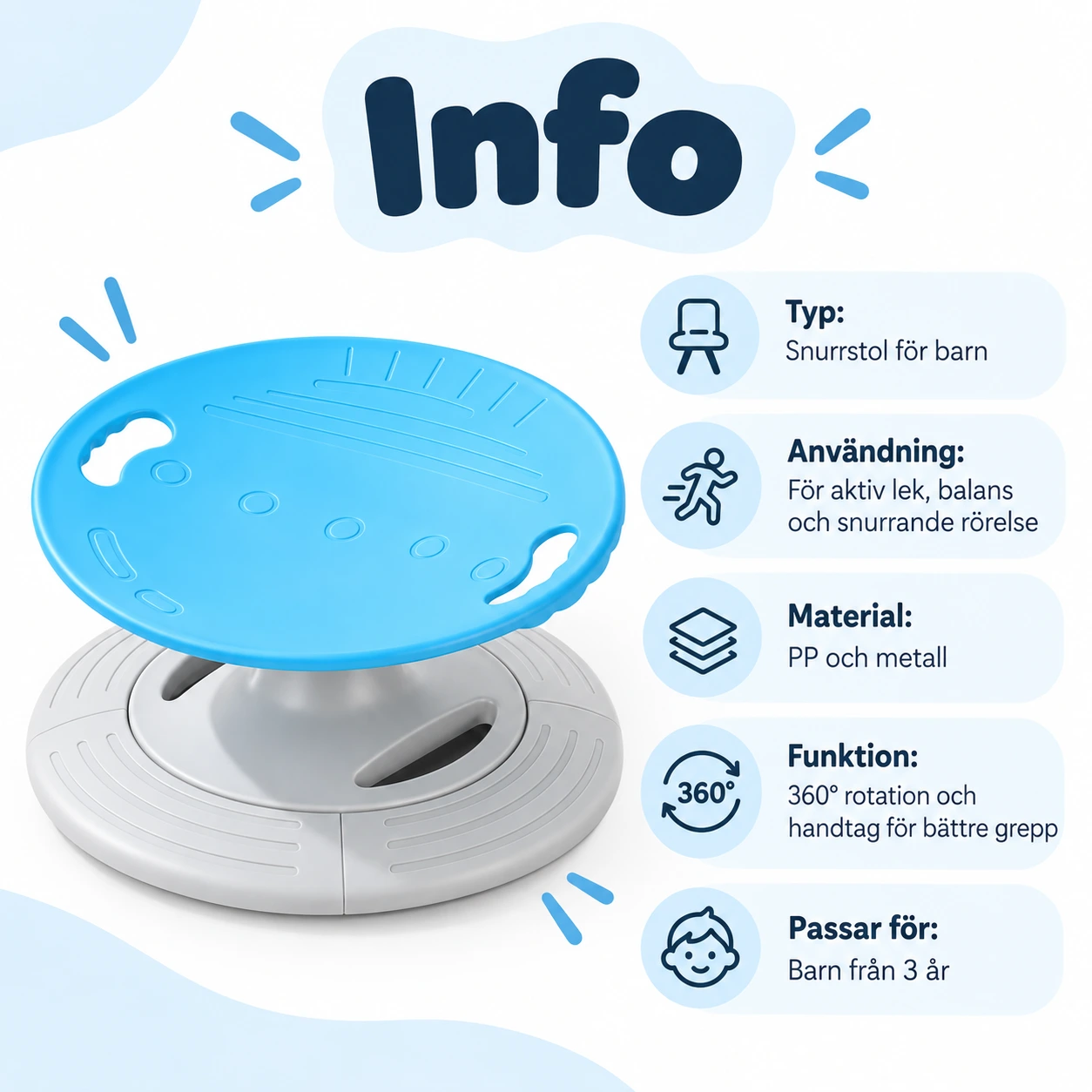 Snurrstol för barn med 360° rotation och handtag