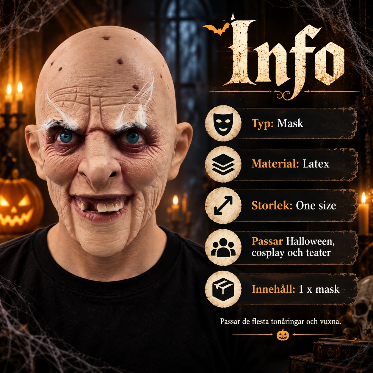 Mask gammal man i latex, heltäckande