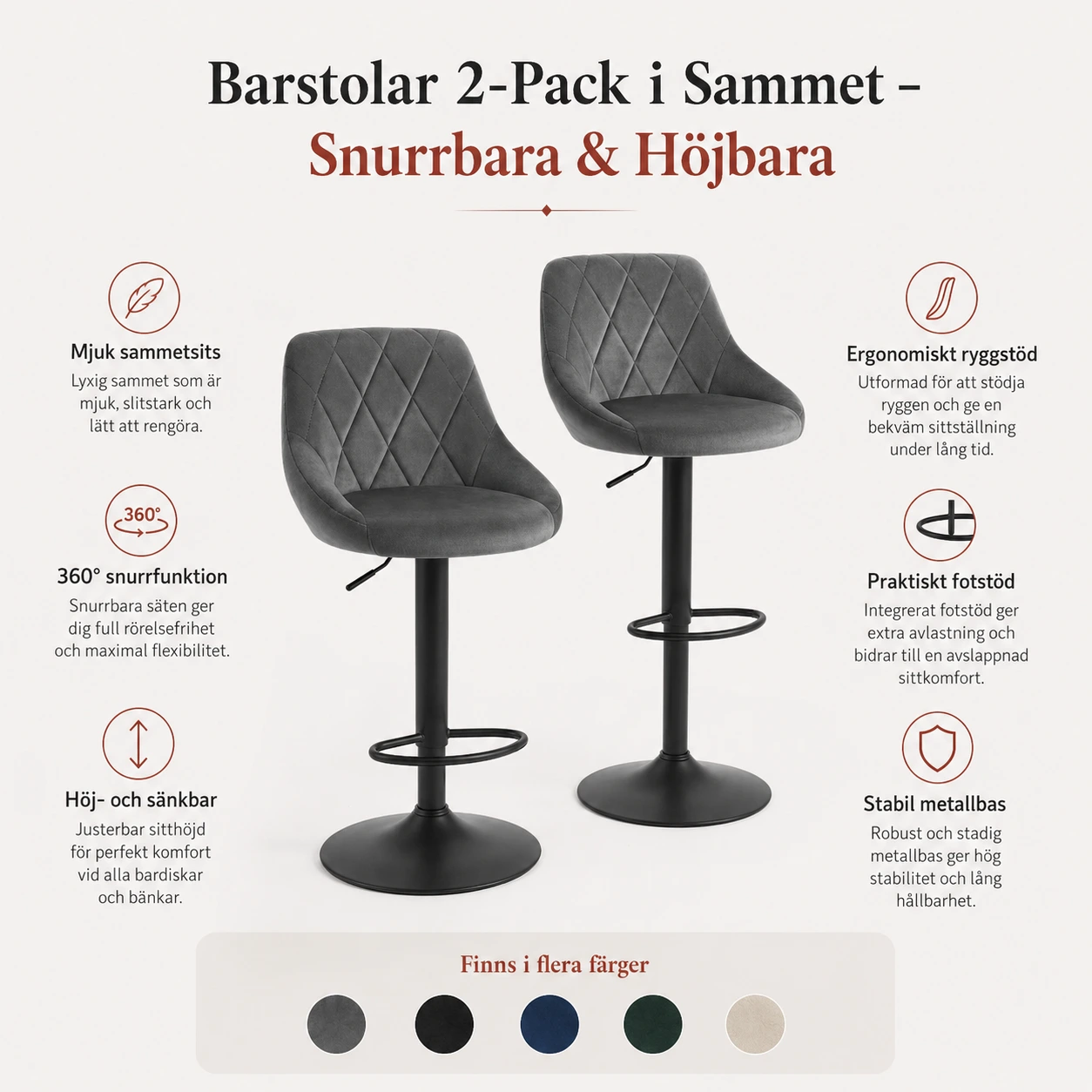 Barstolar 2-Pack i Sammet – Snurrbara & Höjbara