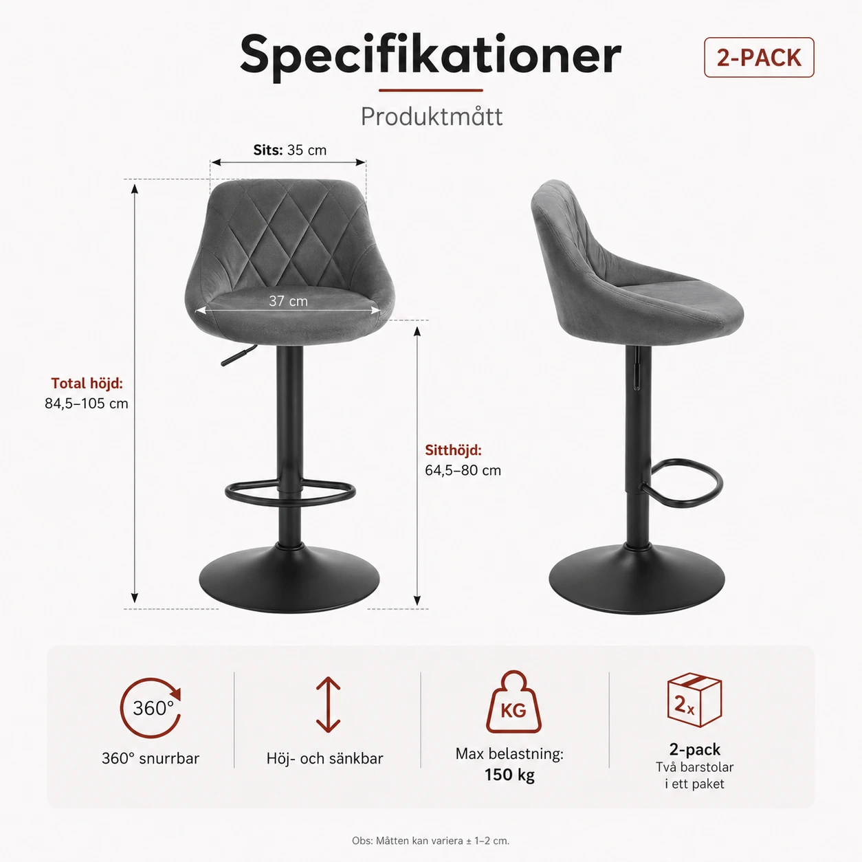 Barstolar 2-Pack i Sammet – Snurrbara & Höjbara