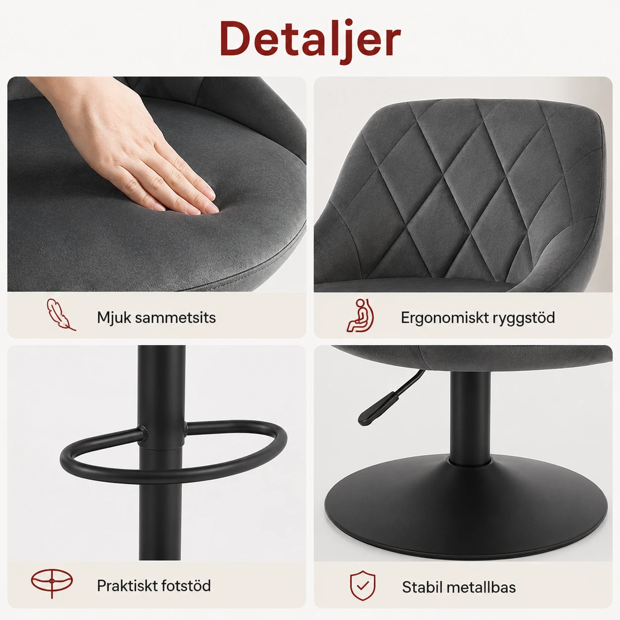 Barstolar 2-Pack i Sammet – Snurrbara & Höjbara