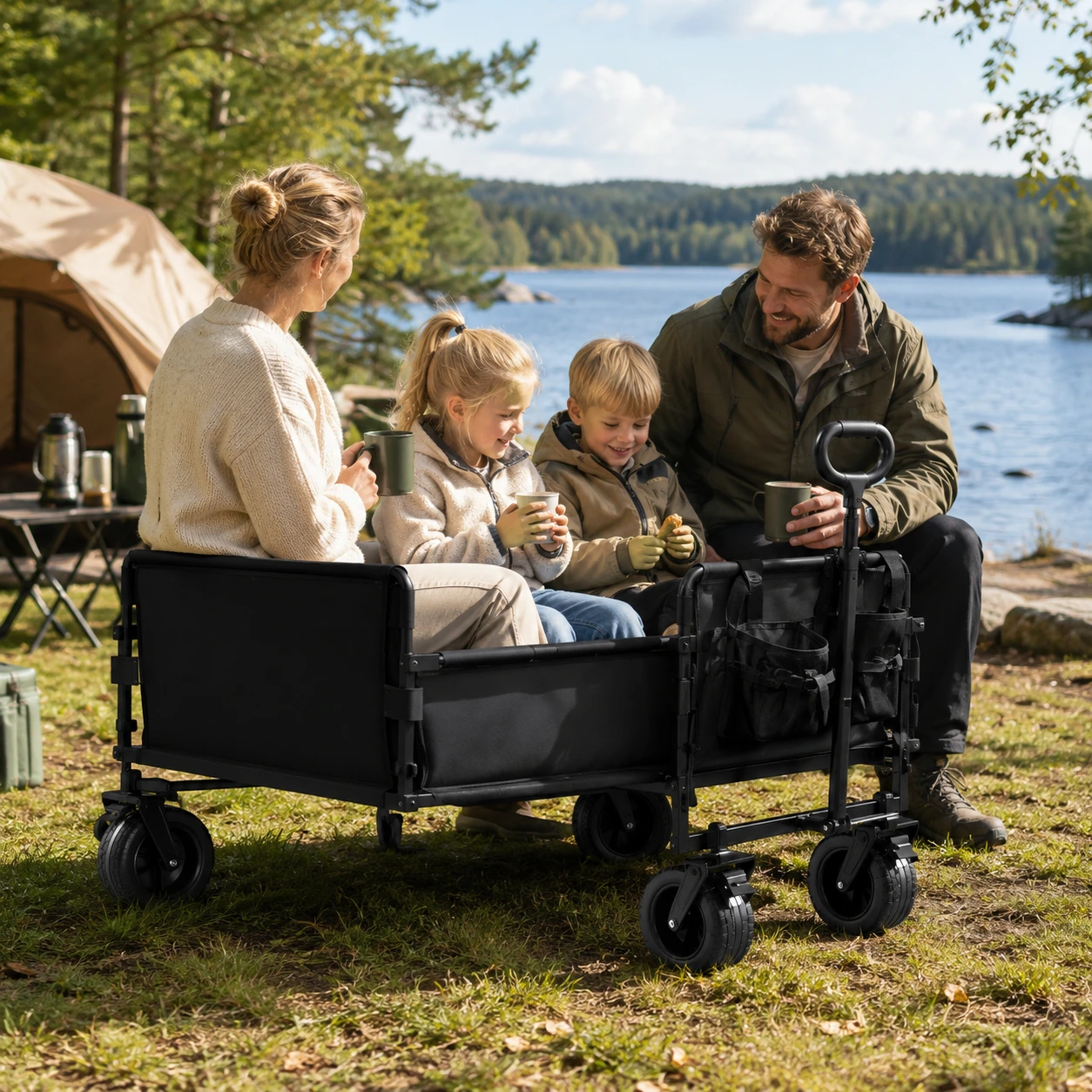 Hopfällbar campingvagn med bänk och avtagbara hjul