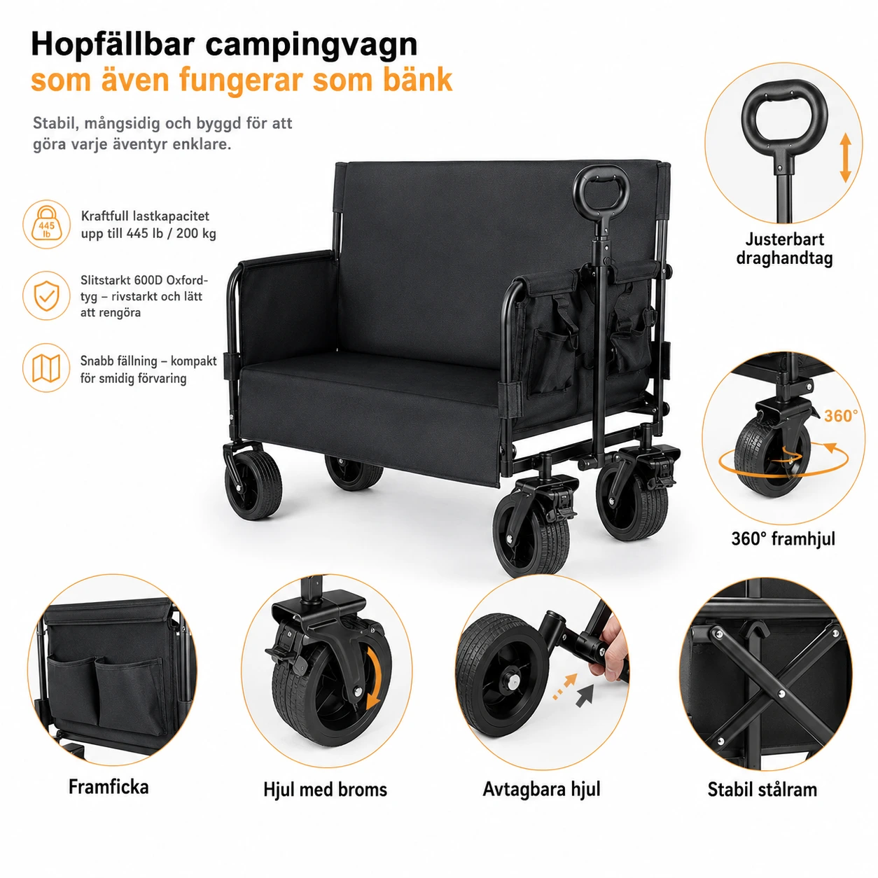 Hopfällbar campingvagn med bänk och avtagbara hjul