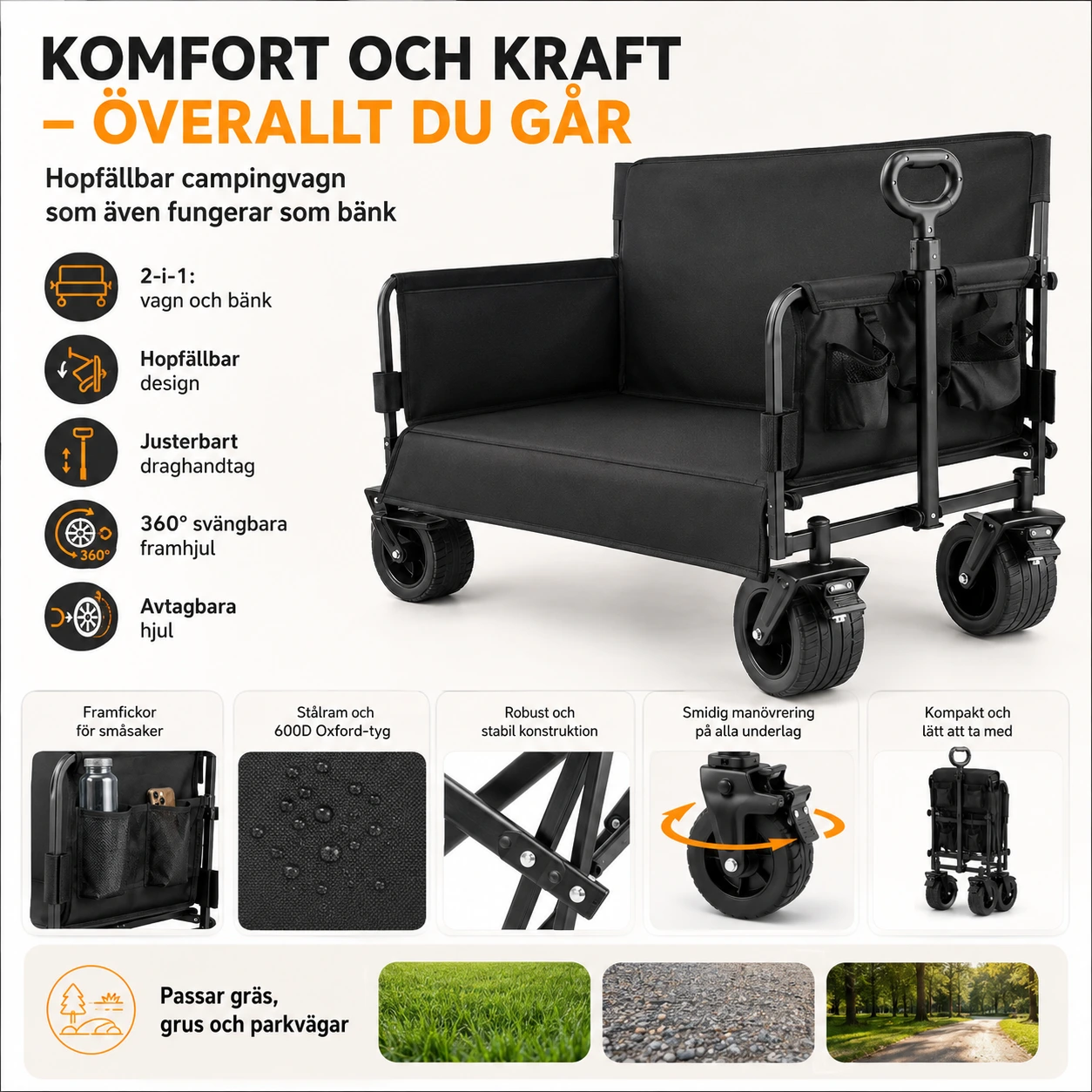 Hopfällbar campingvagn med bänk och avtagbara hjul