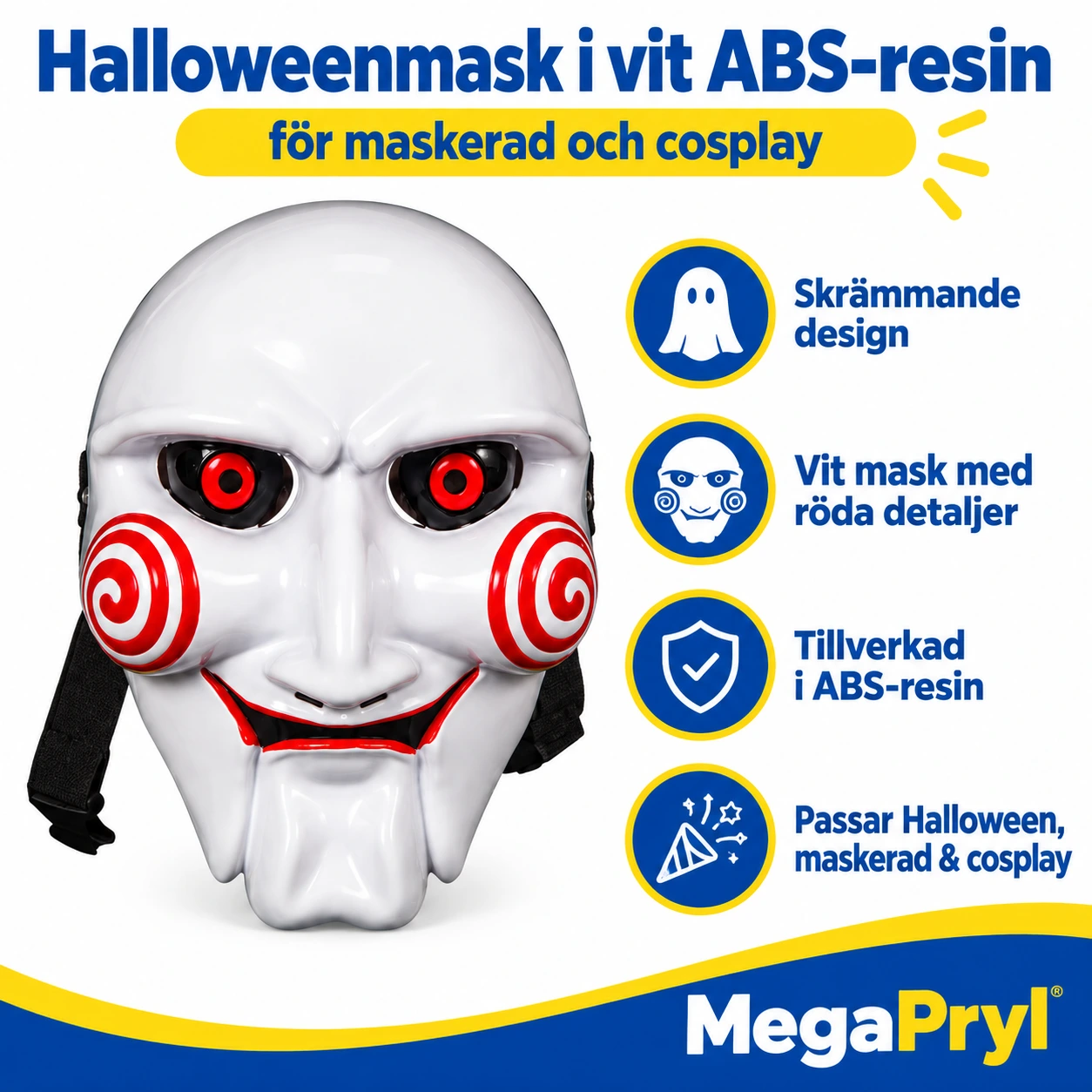 Halloweenmask i vit ABS-resin för maskerad och cosplay