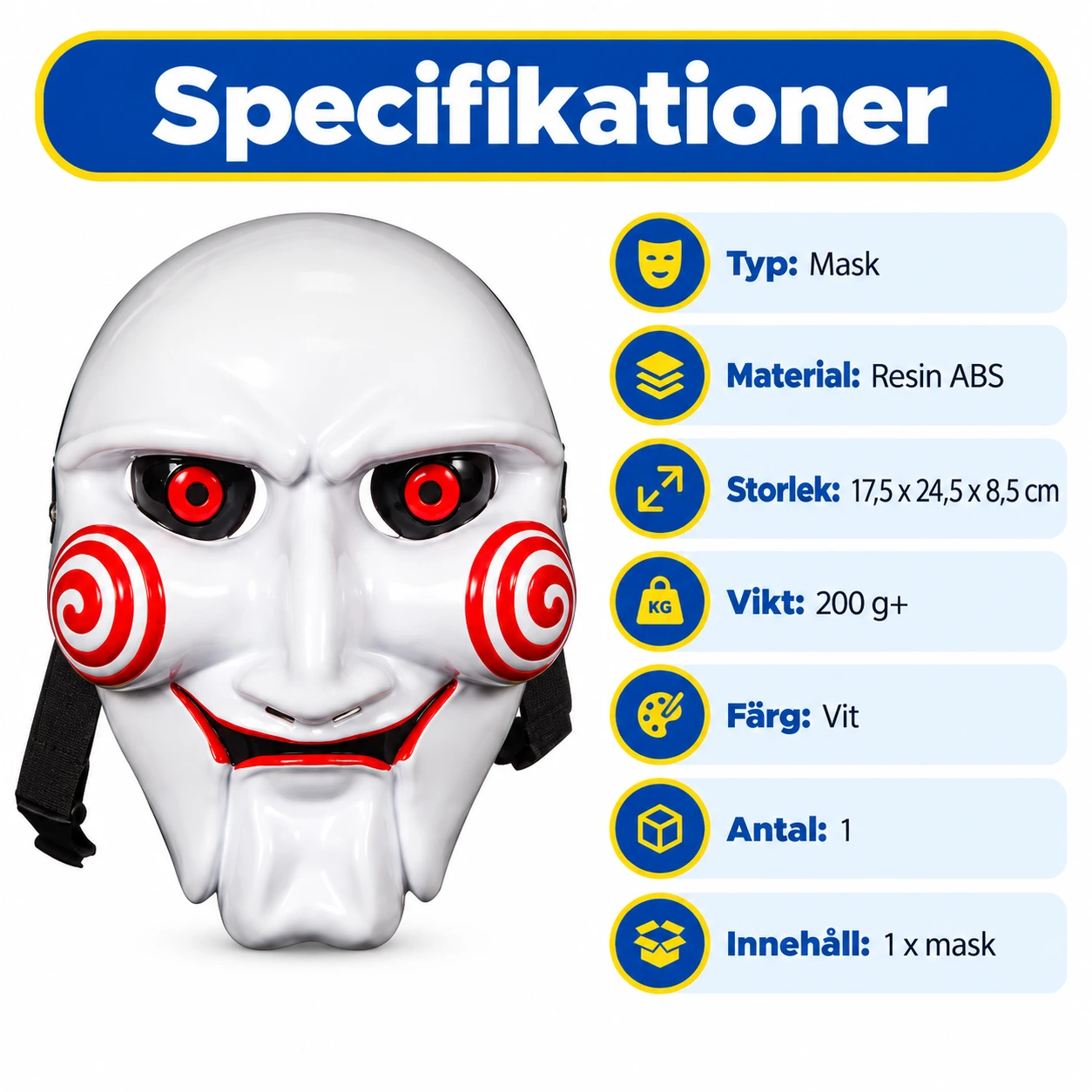 Halloweenmask i vit ABS-resin för maskerad och cosplay