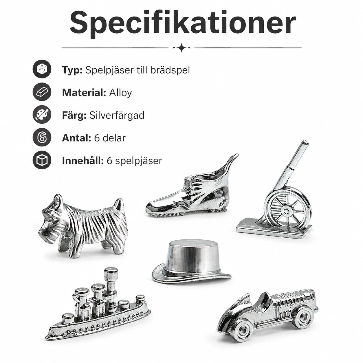 Metallpjäser till brädspel 6 delar